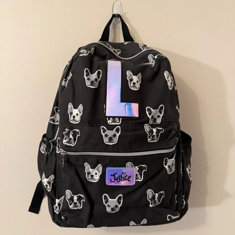 Justice Girls Initial L Backpack Black French Bulldog Puppy Dog Print School Bag